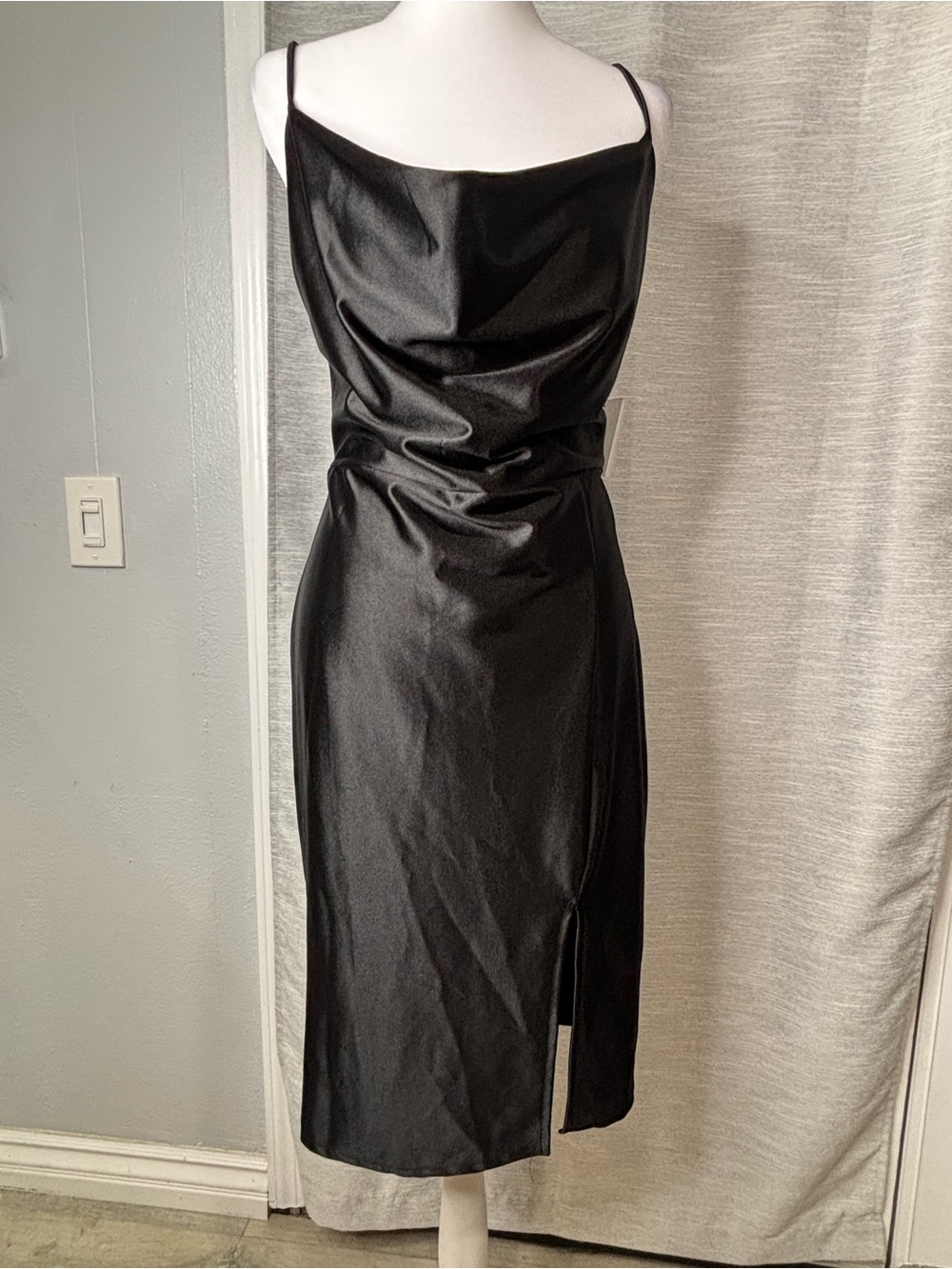 Black Satin Cowl Neck Midi Dress